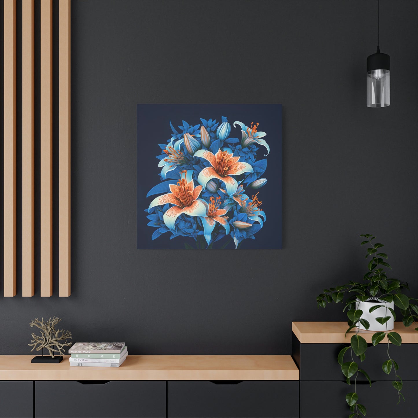 Lilies on Blue - Matte Canvas, Stretched, 1.25"