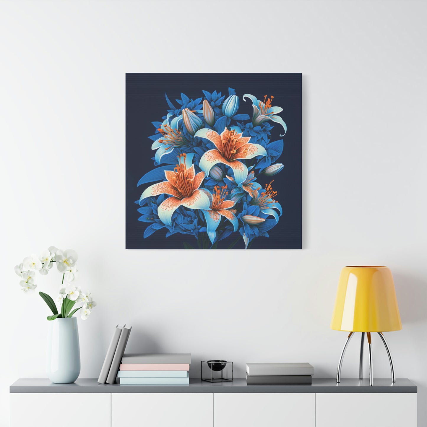 Lilies on Blue - Matte Canvas, Stretched, 1.25"